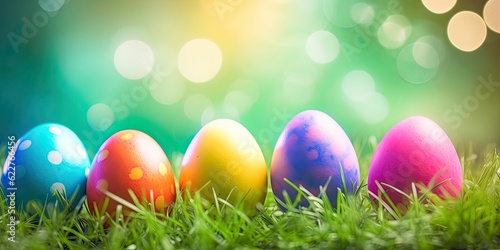 AI generated array of colorful Easter eggs on a grassy field