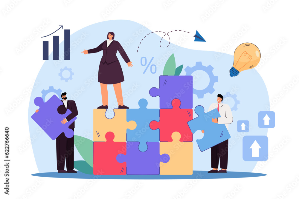 Business people holding puzzle pieces vector illustration. Coworkers building project, working together in team and supporting each other. Unity, togetherness, teamwork concept