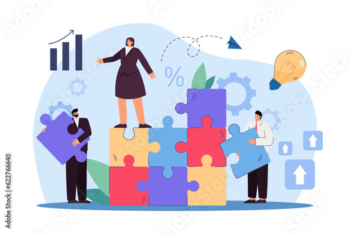 Business people holding puzzle pieces vector illustration. Coworkers building project, working together in team and supporting each other. Unity, togetherness, teamwork concept