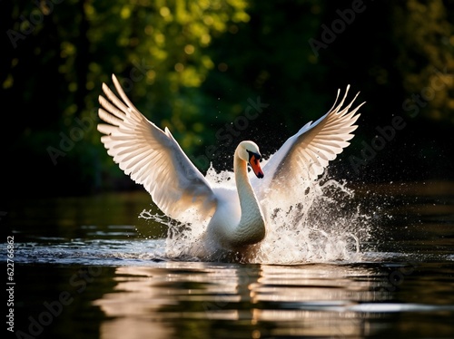 Fototapeta Naklejka Na Ścianę i Meble -  AI generated swan spreading its wings over a serene lake surrounded by lush greenery