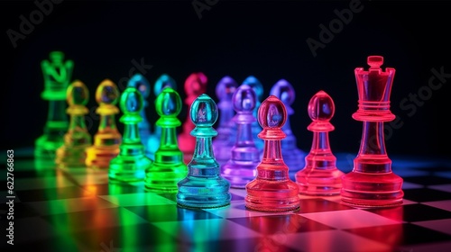 Illuminated chessboard with colorful chess pieces arranged on its surface. AI-generated.