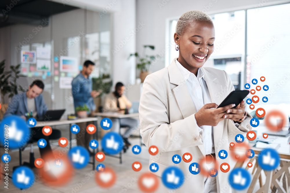 Social media, icon and woman use phone in an office texting or networking as communication with overlay of like emoji. Digital, chat and employee or worker texting on a mobile app, website or web Social media, icon and woman use phone in an office texting or networking as communication with overlay of like emoji. Digital, chat and employee or worker texting on a mobile app, website or web