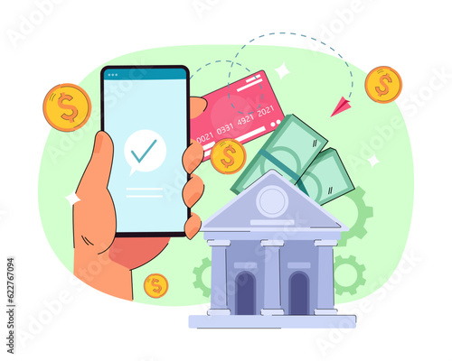 Hand holding smartphone with banking app vector illustration. Customer transferring money to bank using mobile device, having access to credit cards. Mobile banking, financial services concept