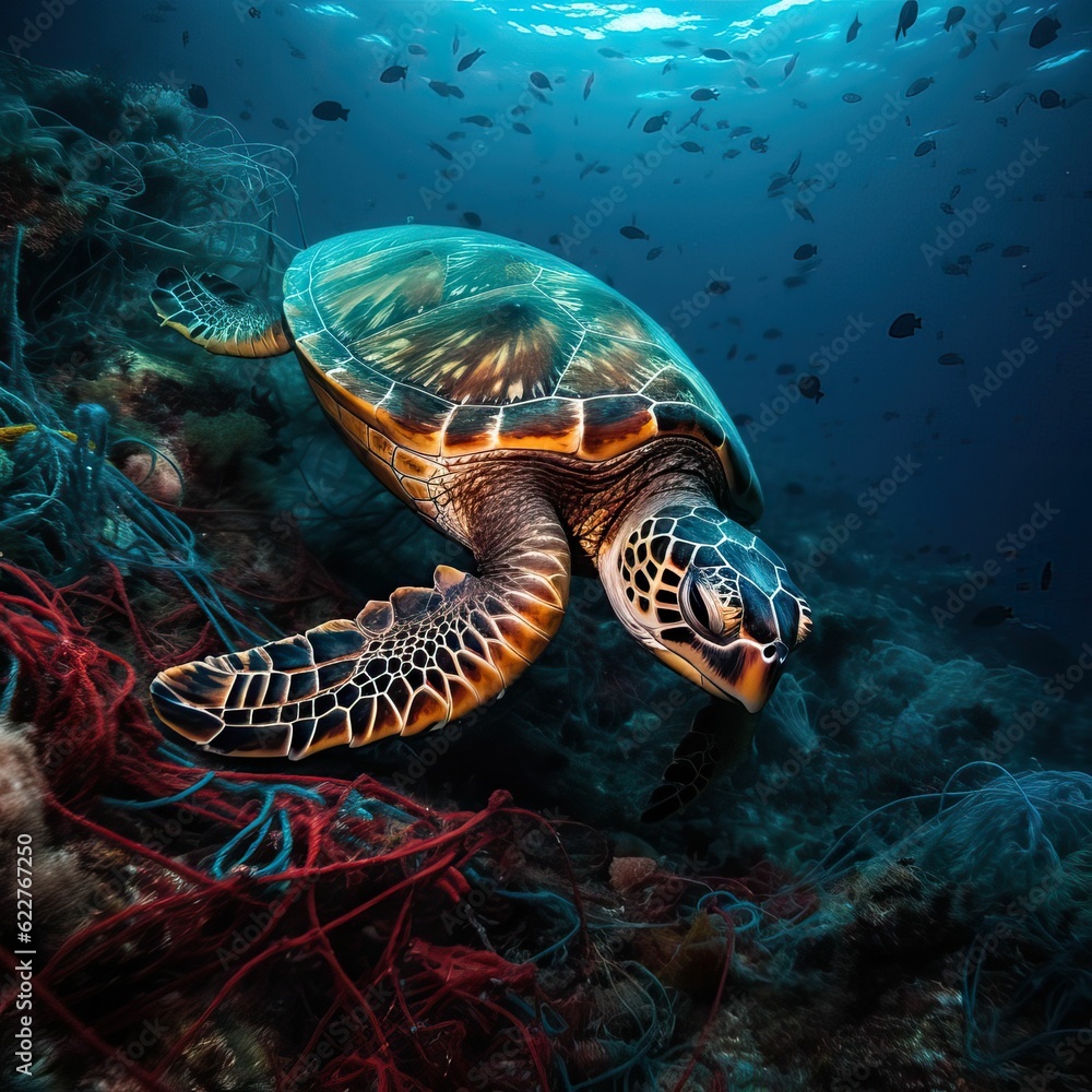 Fototapeta premium AI generated illustration of a turtle swimming in the polluted sea