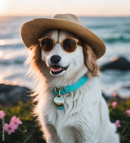 Portrait of a beautiful dog in a hat and glasses on the background of the sea Generative AI © JutaDesign