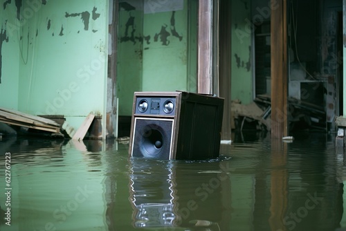 Speaker submerged in an abandoned room with floor flooded by water. AI-generated.
