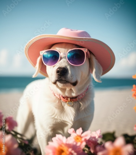  Cute Labrador retriever dog wearing pink hat and sunglasses on the beach Generative AI