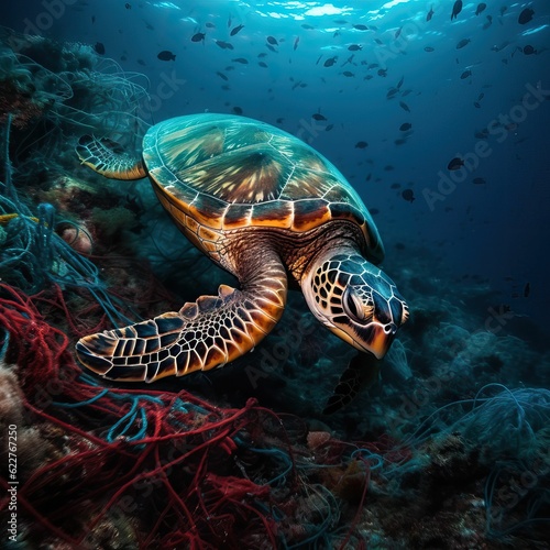 AI generated illustration of a turtle swimming in the polluted sea