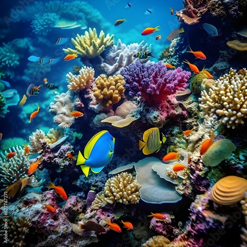 AI generated tropical fish swim through a coral reef © Possibilitypages/Wirestock Creators