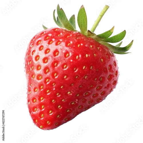 strawberry fruit with flowers and leaves , isolated on transparent background cutout