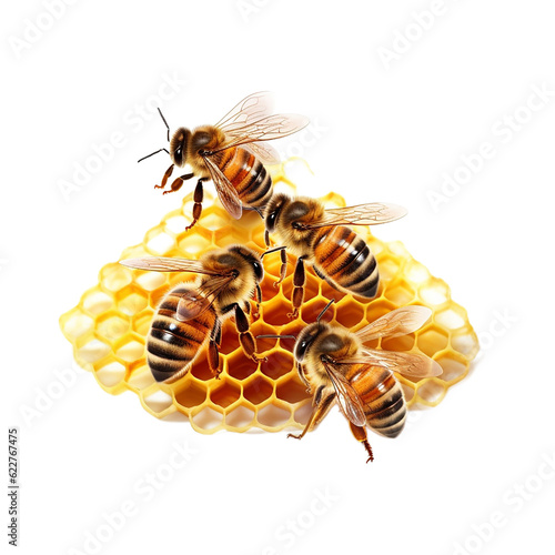 three bees and honeycomb, isolated on transparent background cutout, generative ai © Creative Canvas