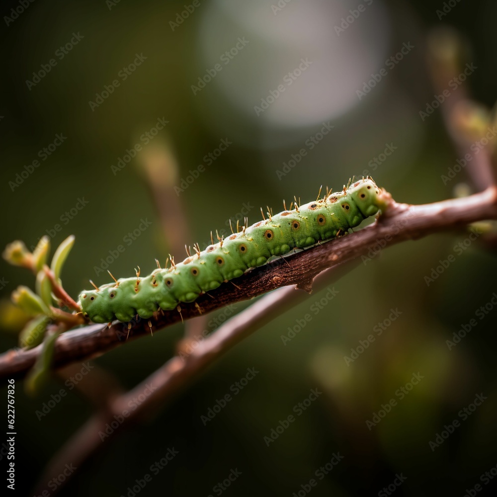 AI generated green caterpillar perched on a branch of a tree AI generated green caterpillar perched on a branch of a tree