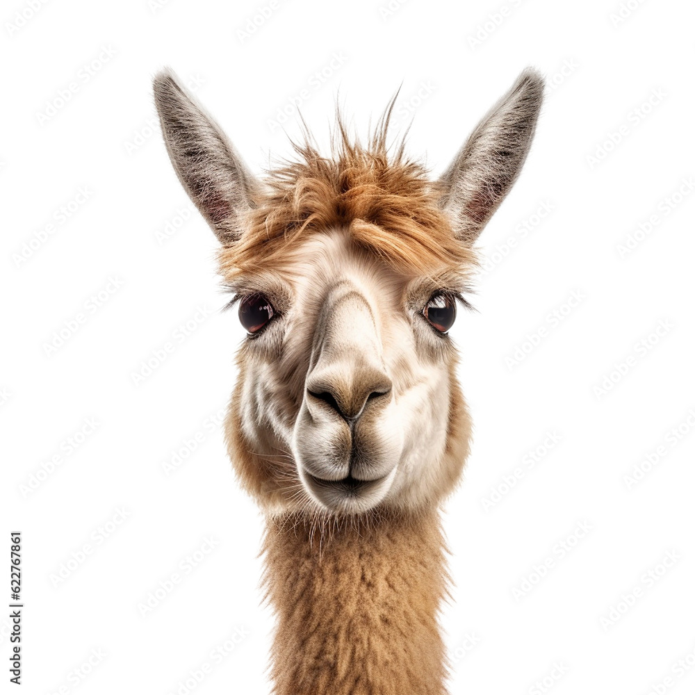 llama face shot isolated on transparent background cutout