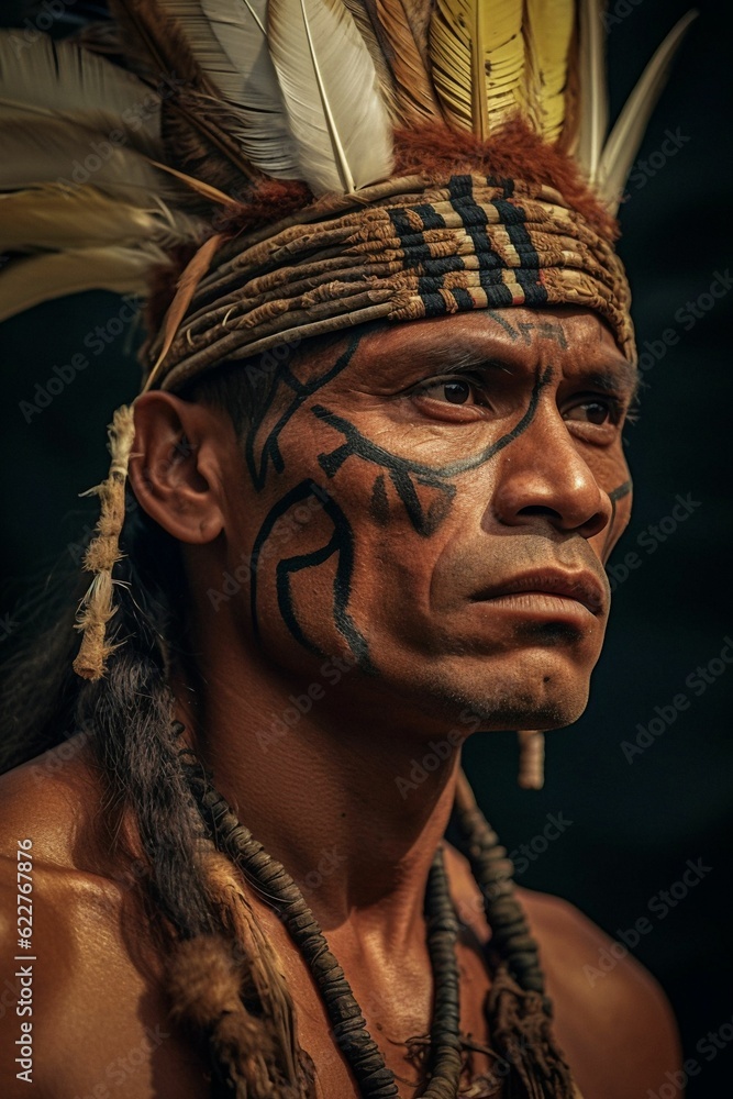 AI generated illustration of an Indigenous man with long dark hair and facial paint AI generated illustration of an Indigenous man with long dark hair and facial paint