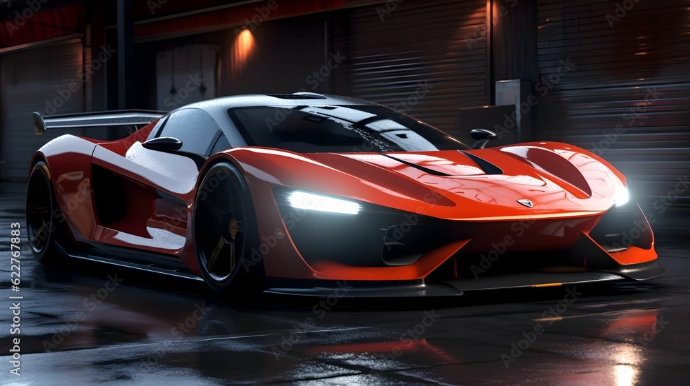AI generated illustration of a sleek, futuristic supercar parked on a city street AI generated illustration of a sleek, futuristic supercar parked on a city street