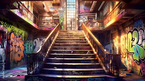 Fotografia AI generated interior of building covered with colorful graffiti artwork