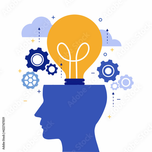 thinking brainstorming head symbol. creative with ideas of thought and analytics. Light bulb working concept. vector illustration modern in flat design. isolated on white background.