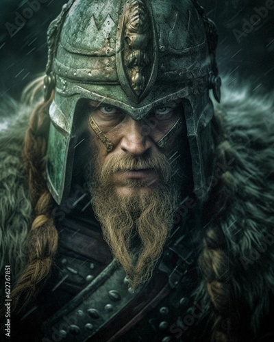 AI generated illustration of A portrait of a viking warrior with long hair and a thick, dark beard photo