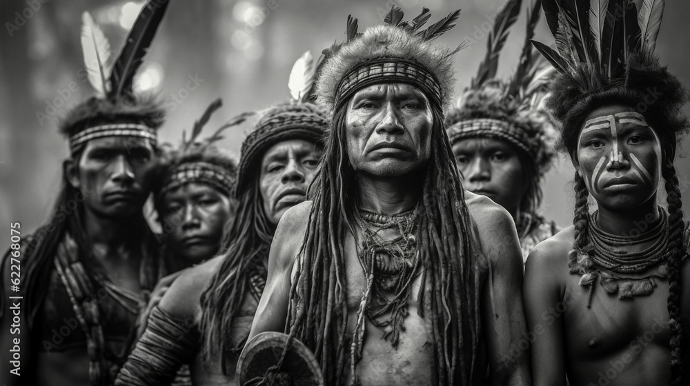 AI generated illustration of Indigenous men wearing traditional headdresses standing in a forest