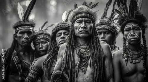 AI generated illustration of Indigenous men wearing traditional headdresses standing in a forest
