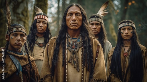 AI generated illustration of portrait of Native American Indian men standing in a forest setting