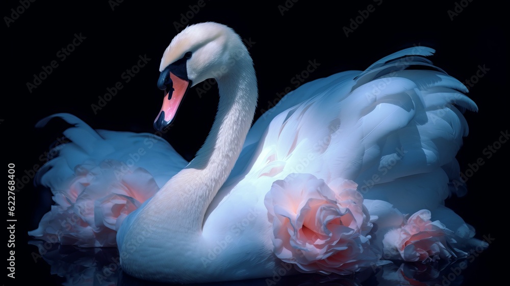 Naklejka premium AI generated swan on water with flowers