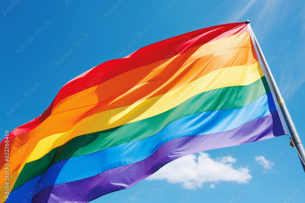 AI generated multicolored Rainbow Pride Flag billowing against a bright sky
