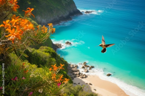 AI generated hummingbird flying near orange flowers in beach