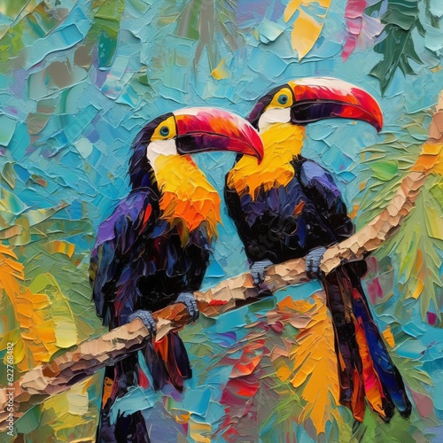 Fototapeta Naklejka Na Ścianę i Meble -  AI generated illustration of an oil painting of toucans in front of vibrant foliage