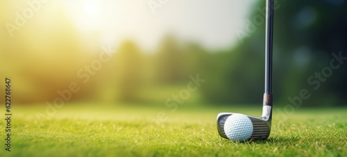 Sport golfing equipment background banner - Closeup of golf club putter and golf ball on green meadow grass (Generative Ai)