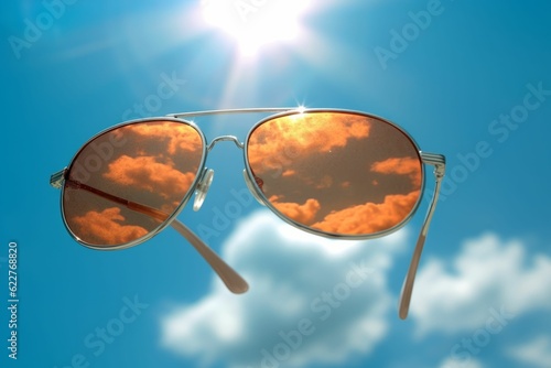 Orange sunglasses hovering against the background of a blue sky with a shining sun. AI-generated.