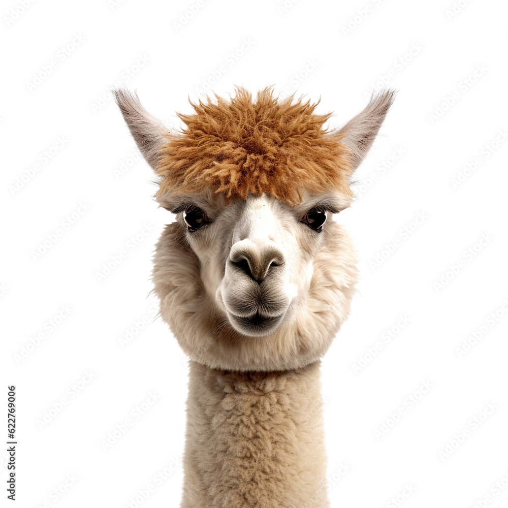 Fototapeta premium alpaca face shot, isolated on transparent background cutout, generative ai