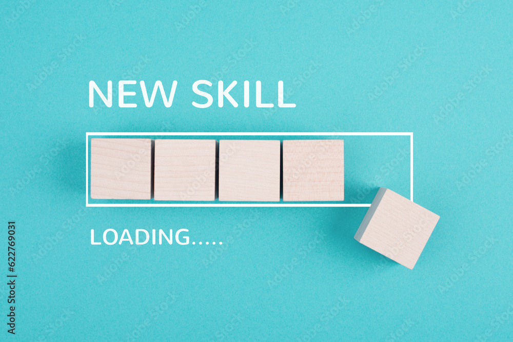 Progress bar with the words new skill loading, education concept, having a goal, online learning, knowledge is power strategy
 - obrazy, fototapety, plakaty 