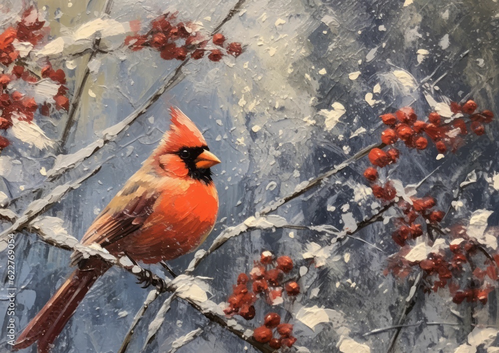 AI generated illustration of an oil painting of a red cardinal perched on a snow-covered branch AI generated illustration of an oil painting of a red cardinal perched on a snow-covered branch