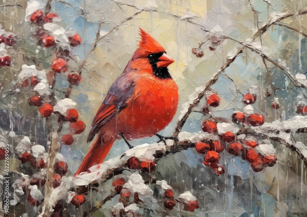 AI generated illustration of an oil painting of a red cardinal perched on a snow-covered branch AI generated illustration of an oil painting of a red cardinal perched on a snow-covered branch