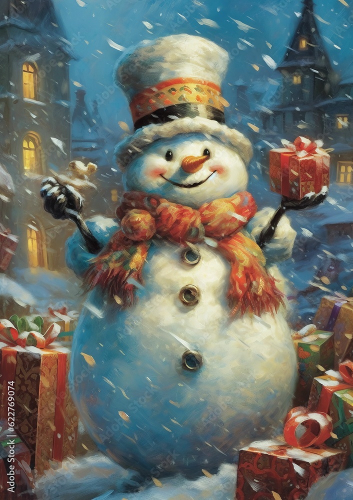 AI generated illustration of an oil painting of a snowman in a wintery landscape