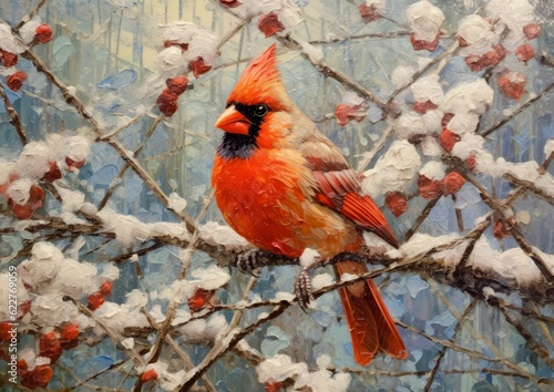 AI generated illustration of an oil painting of a red cardinal perched on a snow-covered branch © Mark Lafountain/Wirestock Creators