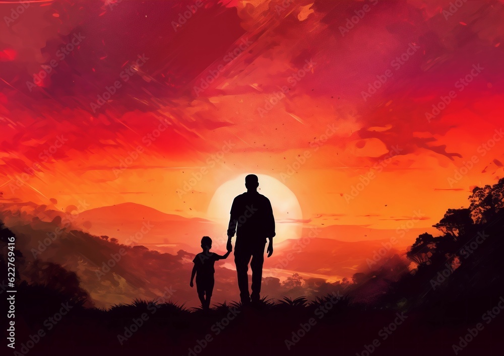 AI generated illustration of A loving father and child are enjoying a beautiful sunset