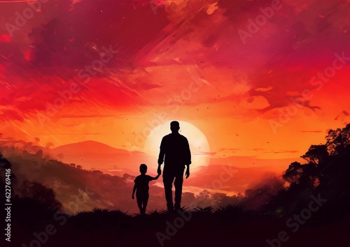 AI generated illustration of A loving father and child are enjoying a beautiful sunset © Possibilitypages/Wirestock Creators