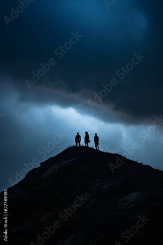 Canvas-taulu AI generated illustration of silhouetted hikers on a rugged hillside in the sett