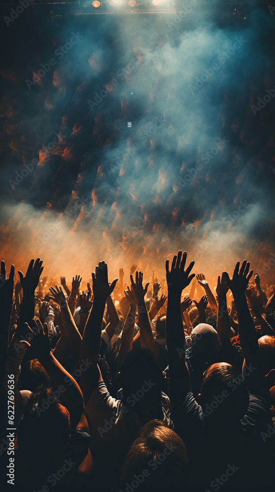 view of crowd of excited people having fun in front of stage on music concert Generative AI view of crowd of excited people having fun in front of stage on music concert Generative AI