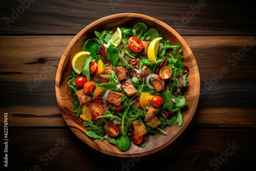 AI-generated illustration of a bowl of salad with meat and fresh vegetables on the table