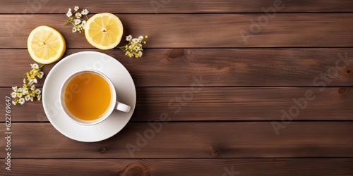 Refreshing and healthy summer drink. Iced tea with fresh lemon on wooden table, freshness and organic goodness in glass cup with copy space for your designs