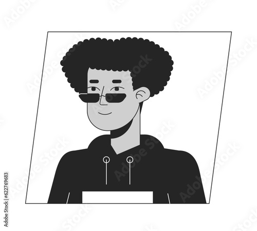 Fashionable hispanic man in sunglasses black white cartoon avatar icon. Editable 2D character user portrait, linear flat illustration. Vector face profile. Outline person head and shoulders