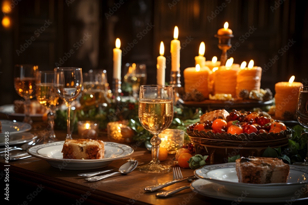 A table is laid for a stunning festive Christmas or Thanksgiving meal, with beautiful candles and table decor. Generative AI.