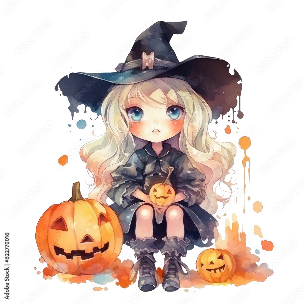 vector halloween girl with pumpkins. a witch with hat . a magician girl with broom and jack o lantern vector illustration on white background.