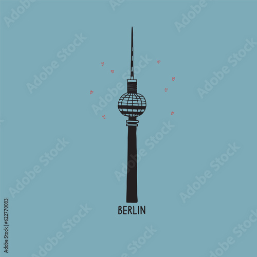 Berlin TV tower city symbol vector illustration. German architecture and inscription Berlin with hearts. Design element for postcard, print, template, logo, t-shirt print, souvenirs, label. Hand drawn