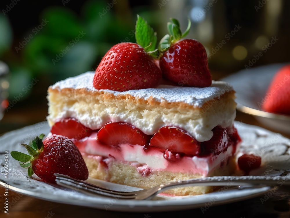 AI generated illustration of a slice of cake topped with fresh berries AI generated illustration of a slice of cake topped with fresh berries