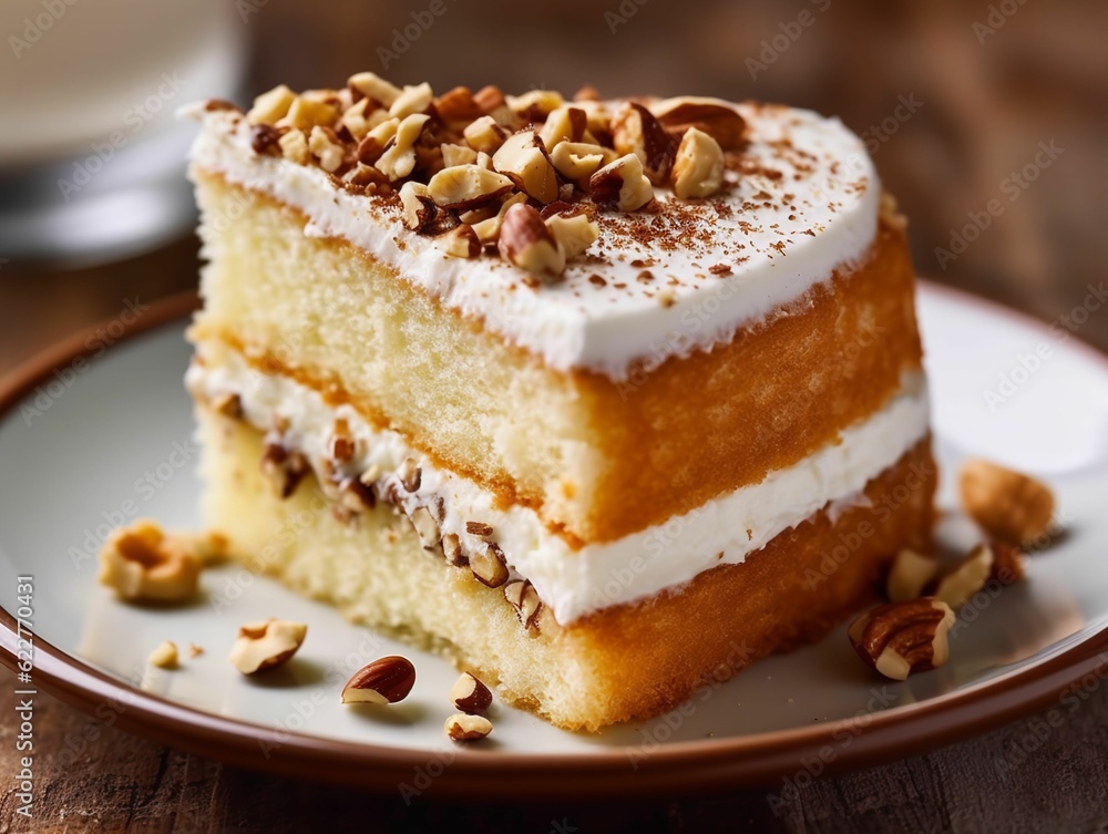 AI generated illustration of a slice of cake topped with fresh nuts AI generated illustration of a slice of cake topped with fresh nuts