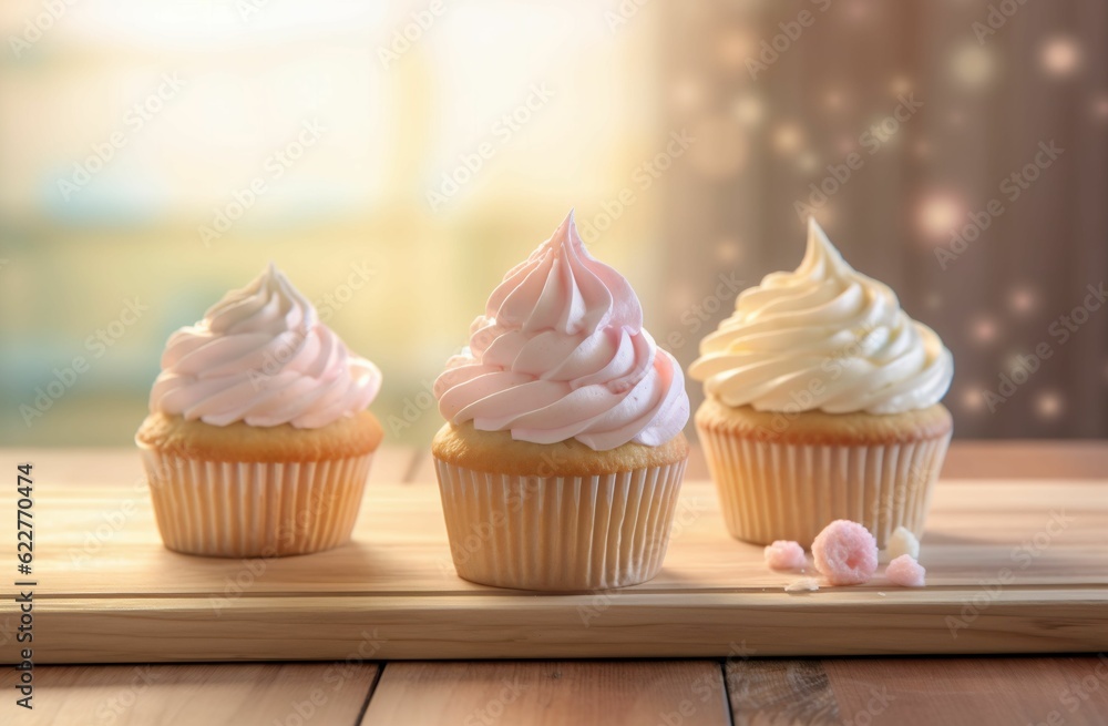 Three freshly-baked delicious-looking cupcakes on a wooden board, AI-generated.